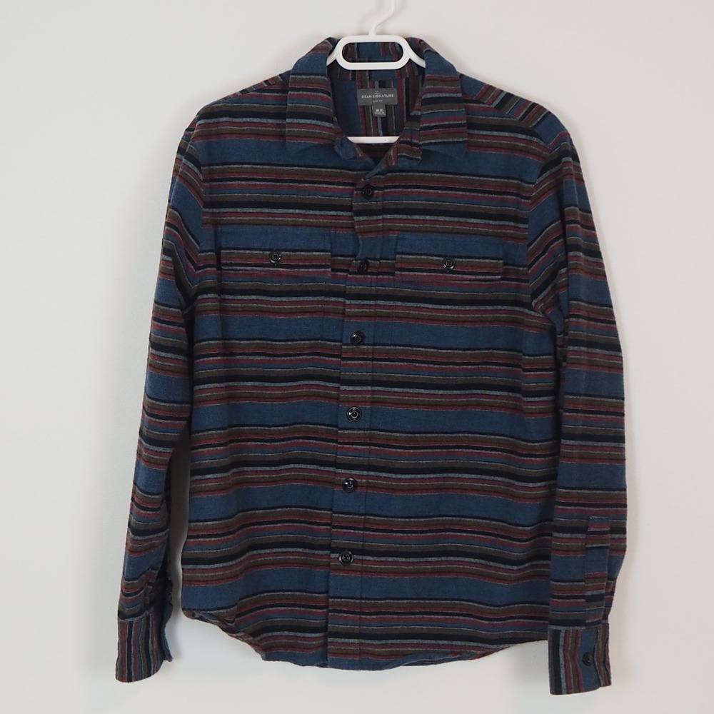 LL Bean Signature Mens Slim Fit Flannel Shirt Blue Red Striped 100% Cotton MR‎